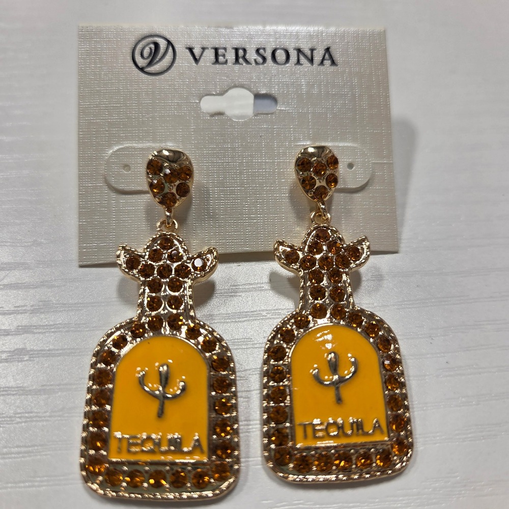 VERSONA Tequila Bottle Dangle Earrings, Rhinestone Studs, Gold Tone, Fun!